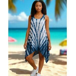 Marina Luna Blue & White Tie Dye Handkerchief Hem Dress/Beach Coverup NWT Size S